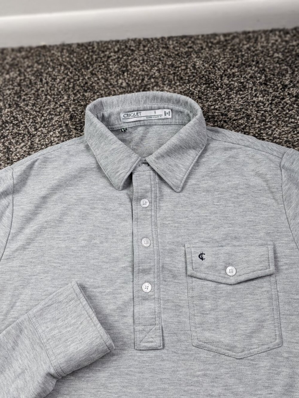 Criquet Polo Shirt Pique Pima Cotton Long Sleeve Pocket Gray Mens Small - Picture 1 of 9